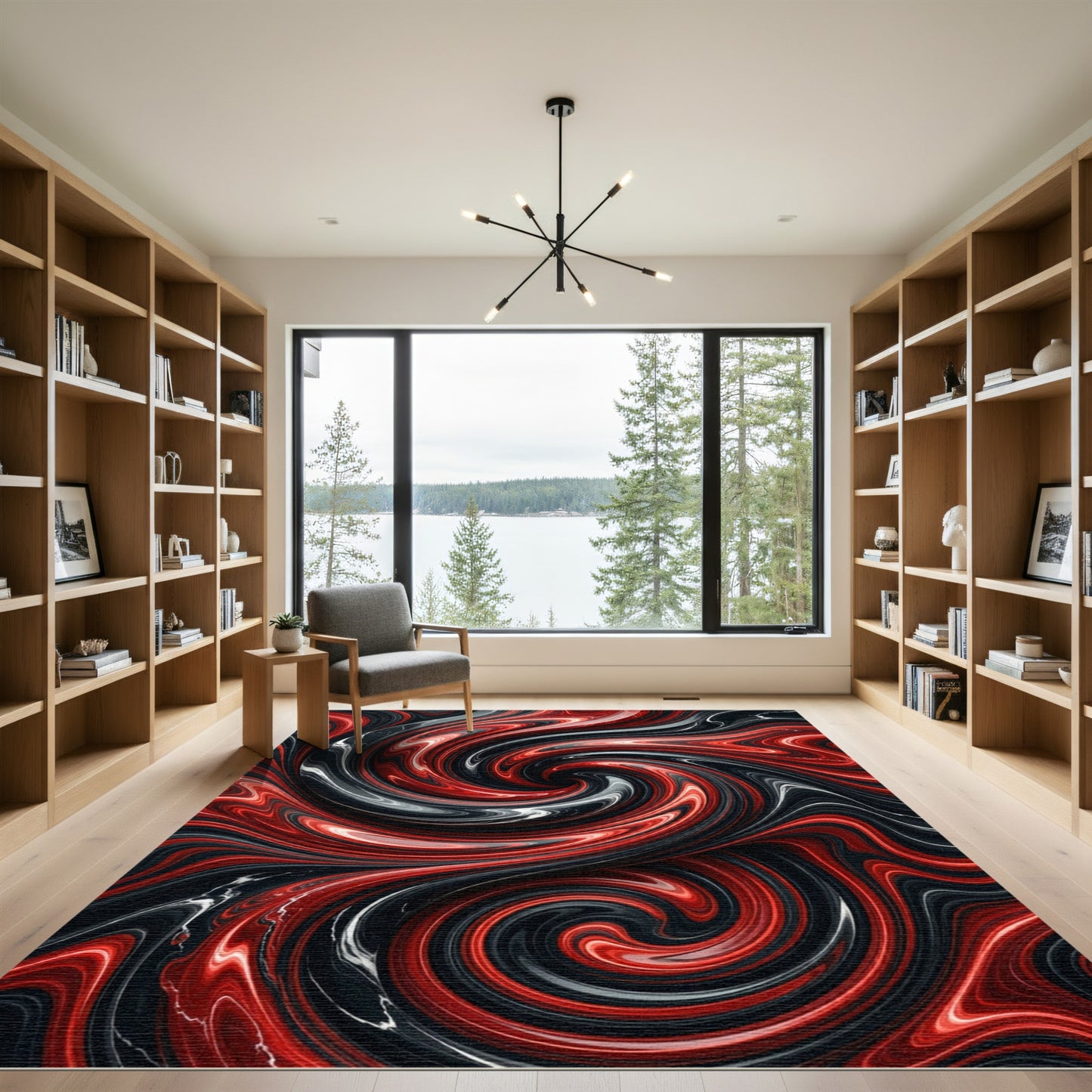 Crimson Black Swirl Abstract Rug