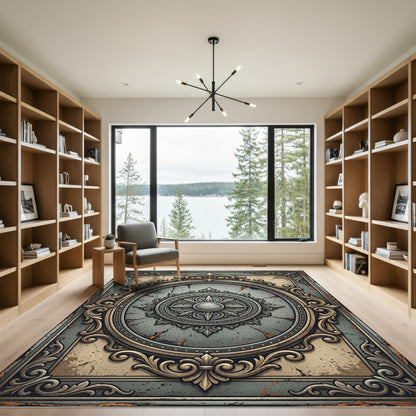 Antique Gray Golden Medallion Symmetry Rug