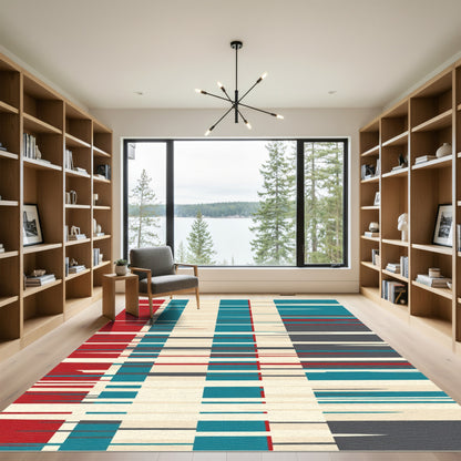 Red Teal Cream Abstract Stripe Rug