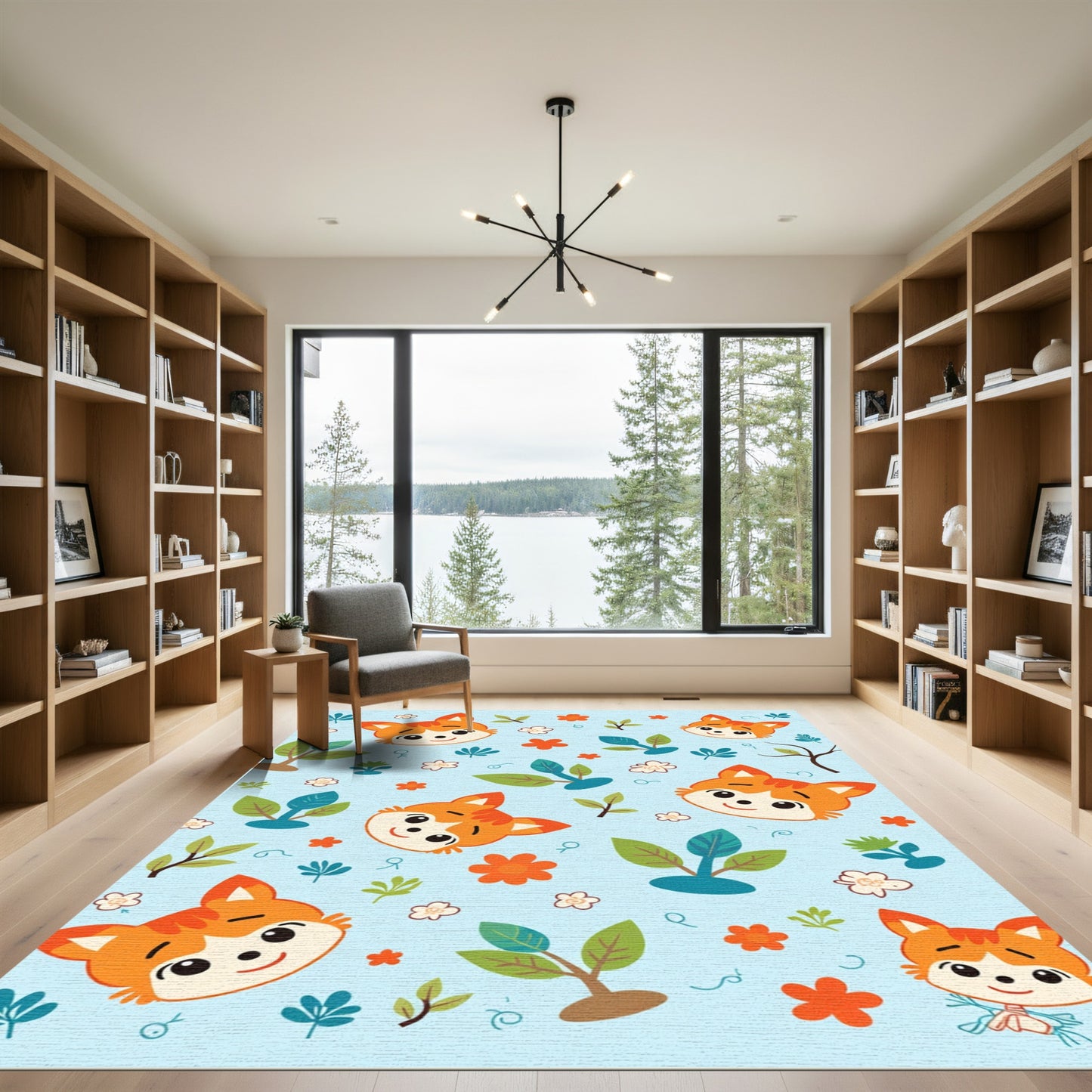 Cute Orange Fox Heads and Flowers Rug