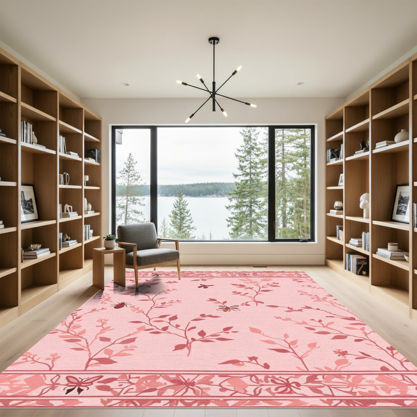 Coral Branches and Bees Bordered Rug