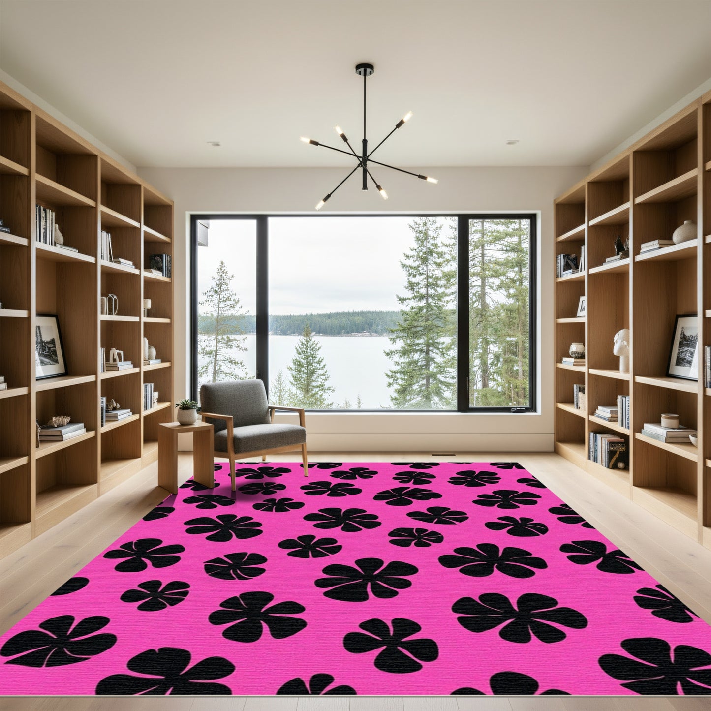 Bold Black Floral Pink Background Rug