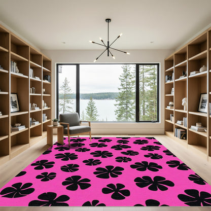 Bold Black Floral Pink Background Rug
