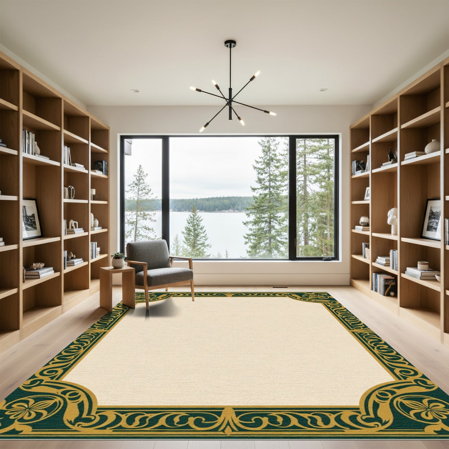 Dark Emerald Gold Floral Scroll Border Rug