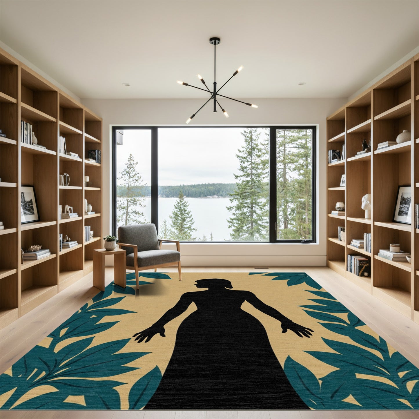 Black Figure Teal Leaf Framed Rug