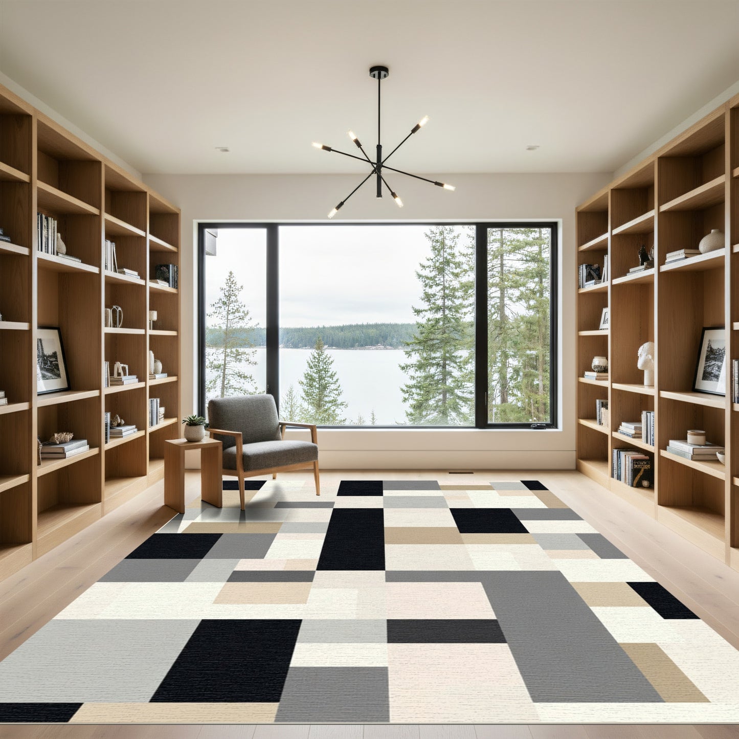 Abstract Rectangular Arrangement Cream Black Rug