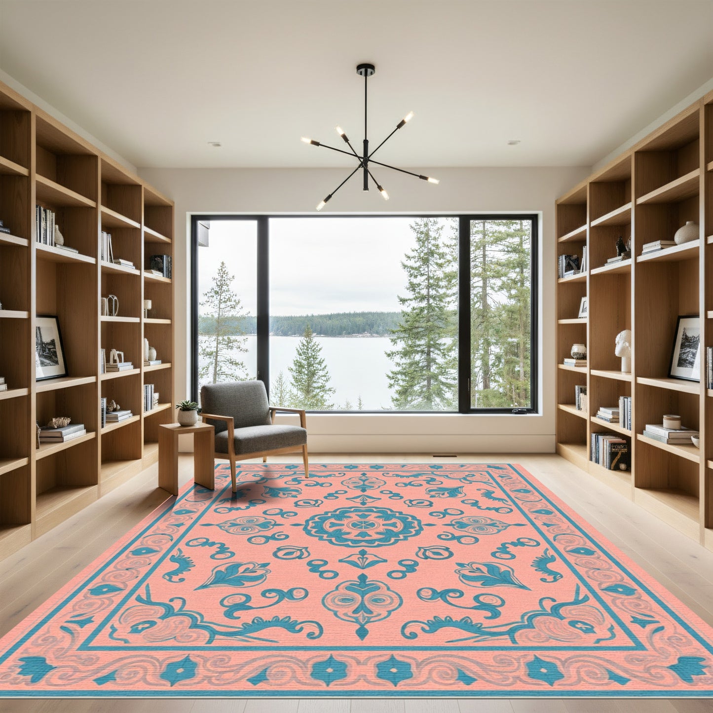 Coral Teal Medallion Floral Bloom Rug