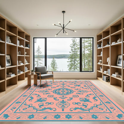Coral Teal Medallion Floral Bloom Rug