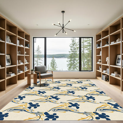 Navy Gold Abstract Floral Swirl Rug