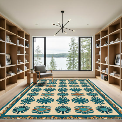 Teal Ceramic Floral Geometric Border Rug