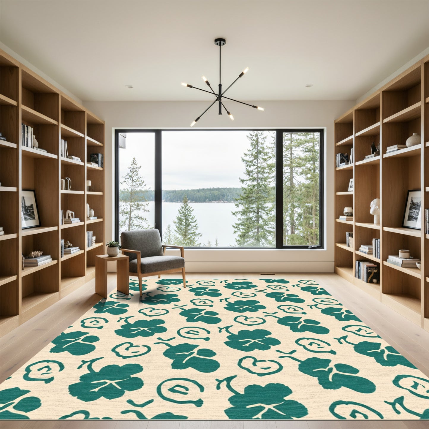 Teal Floral Swirl Botanical Garden Rug