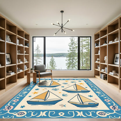 Nautical Sailboats Blue Yellow Cream Rug