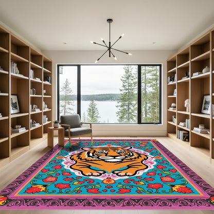 Vibrant Orange Tiger Floral Medallion Rug