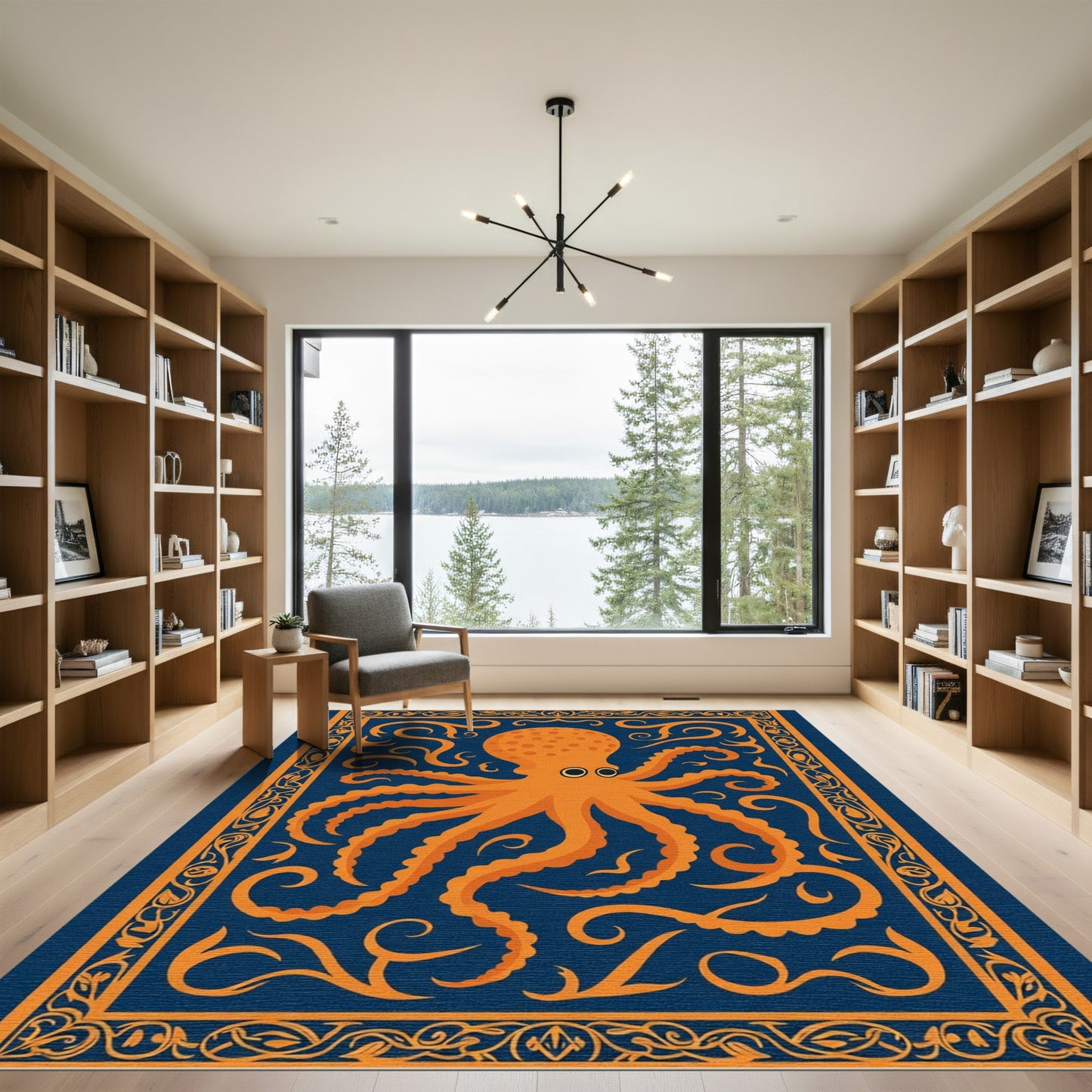 Orange Octopus Blue Swirl Border Rug