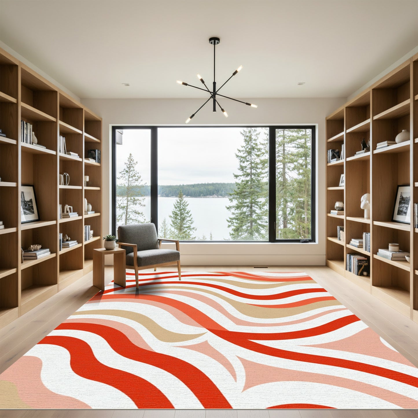 Warm Red Coral Wave Stripes Rug