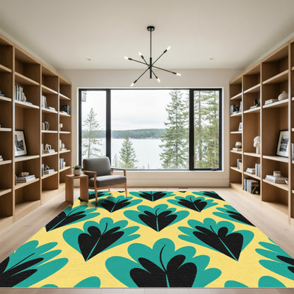 Yellow Teal Black Abstract Leaf Pattern Rug