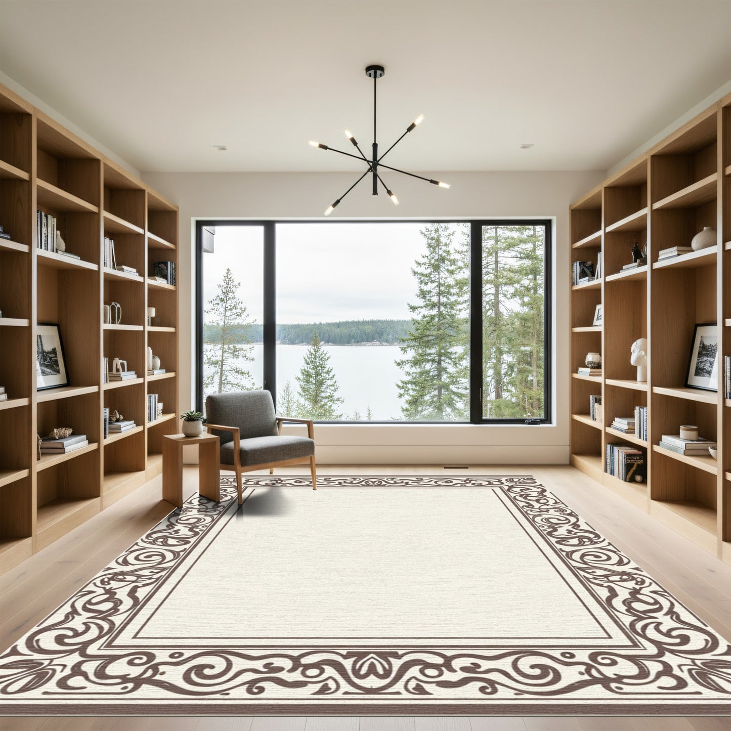 Ornate Brown Flourish Scroll Border Rug