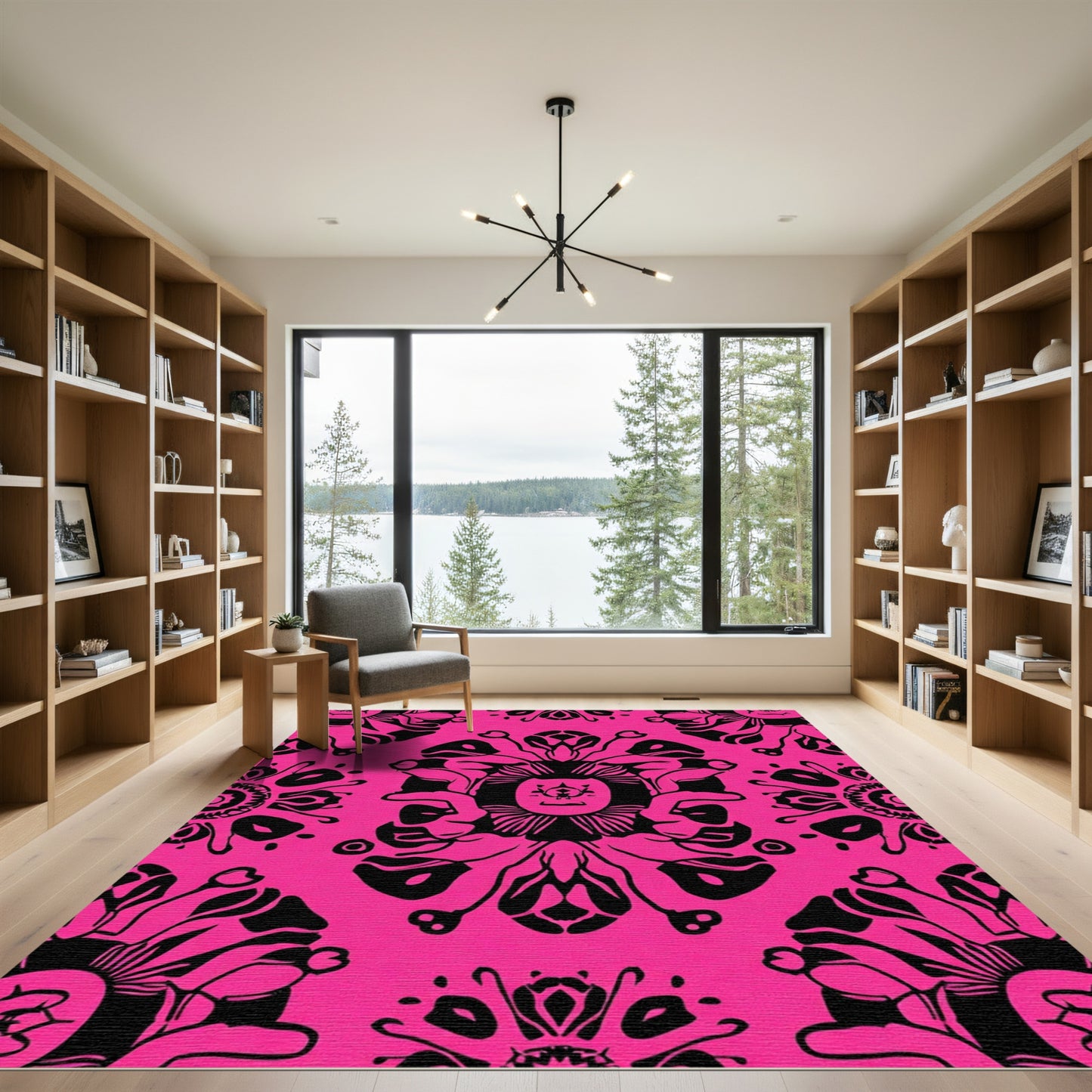 Hot Pink Black Floral Medallion Rug