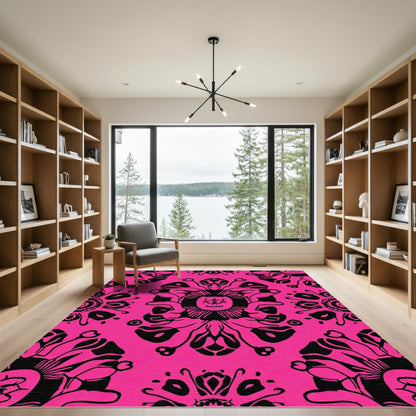 Hot Pink Black Floral Medallion Rug