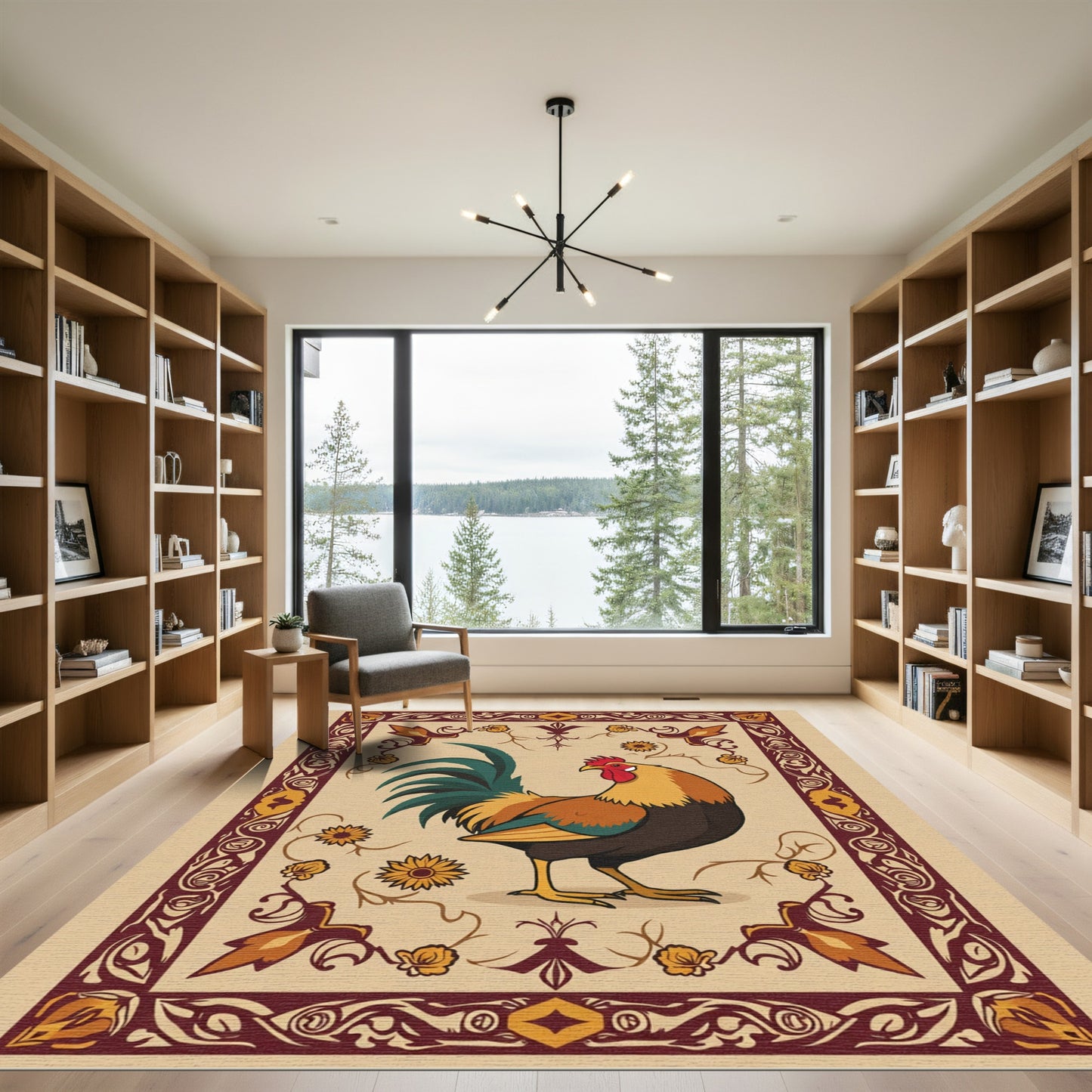 Rustic Rooster Floral Border Rug