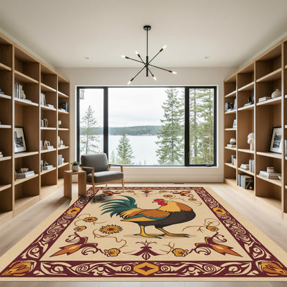 Rustic Rooster Floral Border Rug