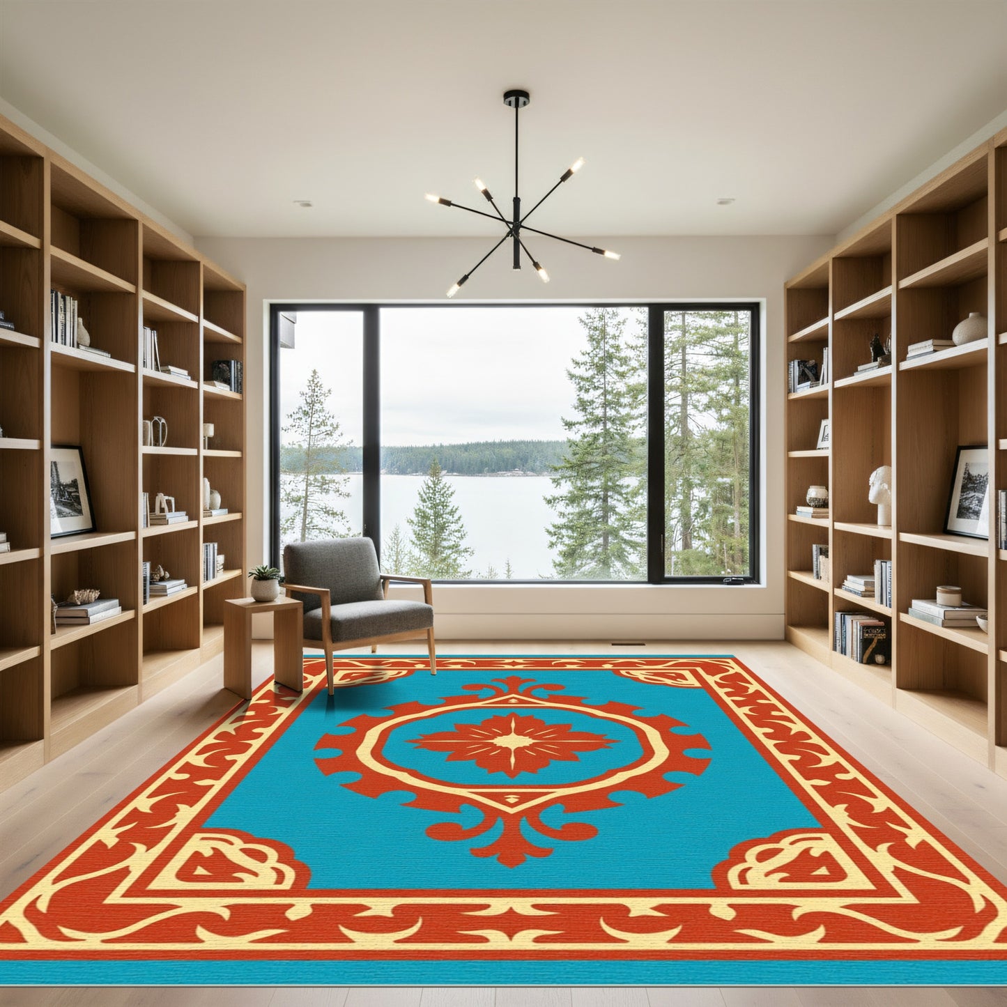Crimson Blue Floral Medallion Border Rug