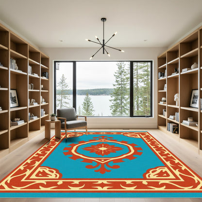 Crimson Blue Floral Medallion Border Rug
