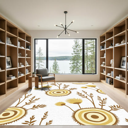 Earthy Ochre Abstract Floral Blooms Rug