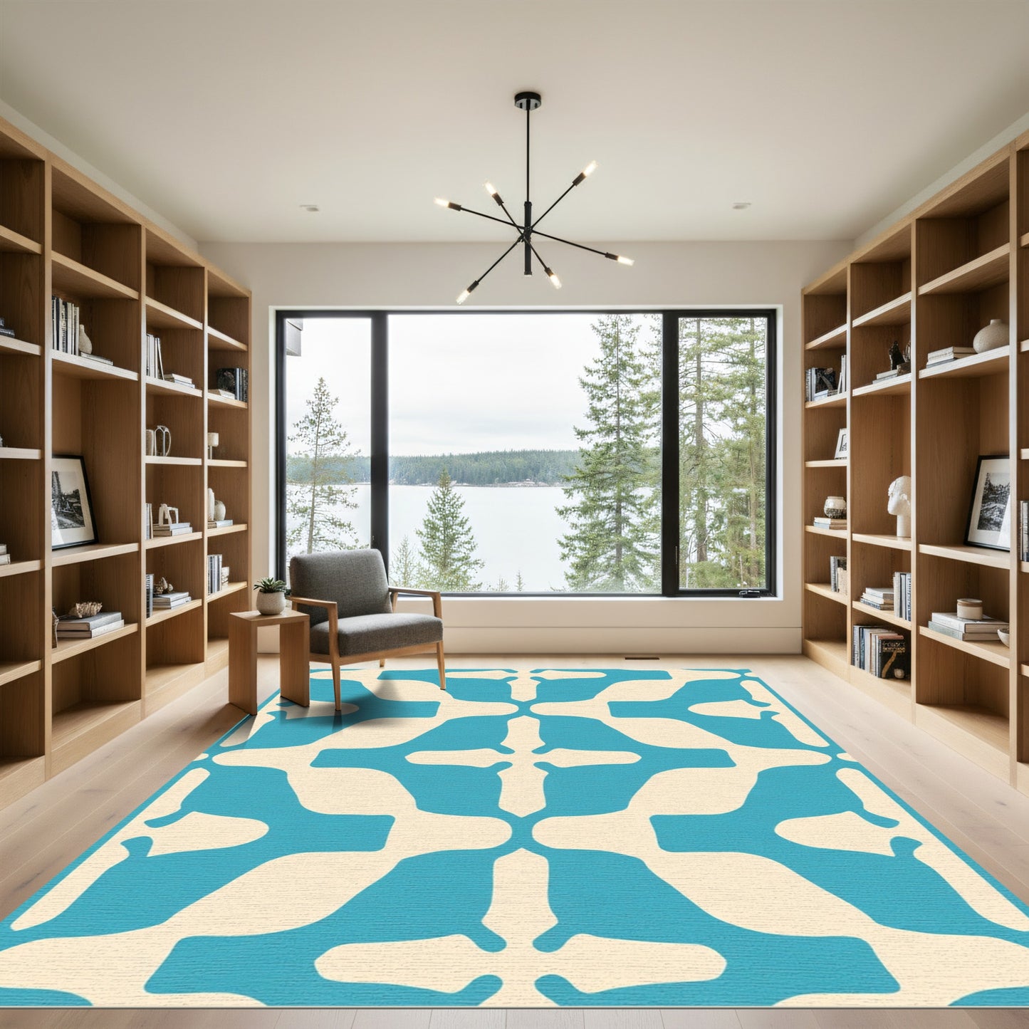 Aqua Cream Abstract Square Motif Rug