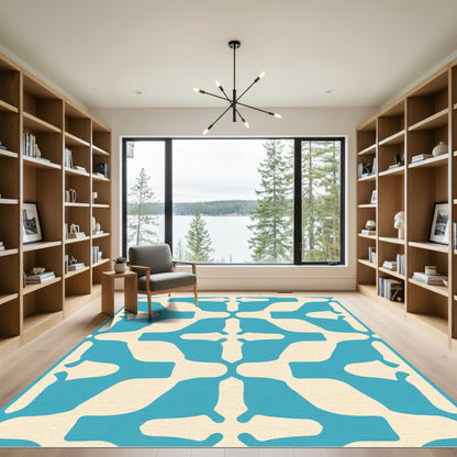 Aqua Cream Abstract Square Motif Rug
