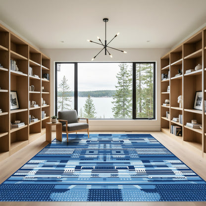 Abstract Blue Geometric Stripe Rug