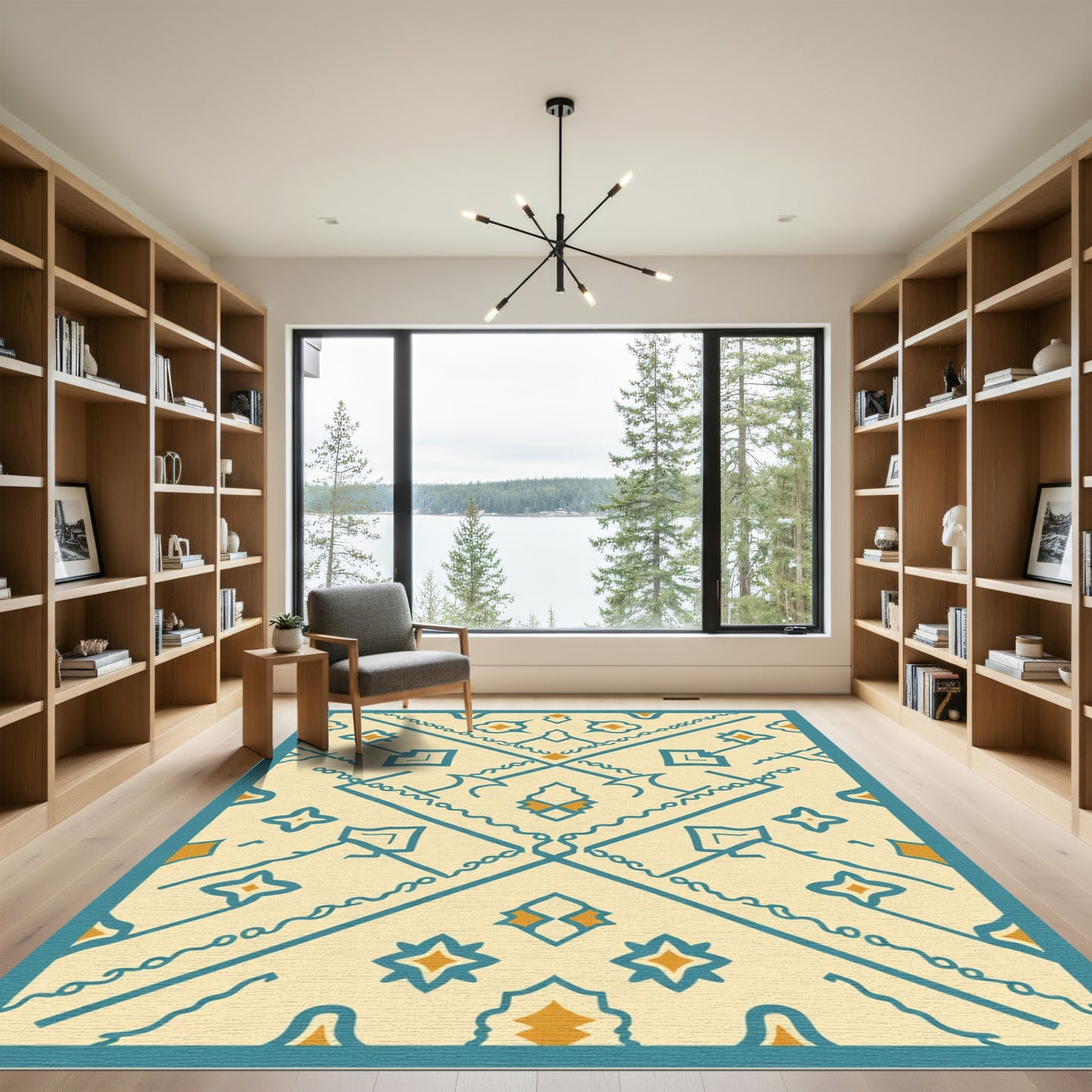 Cream Teal Abstract Diamond Geometric Rug