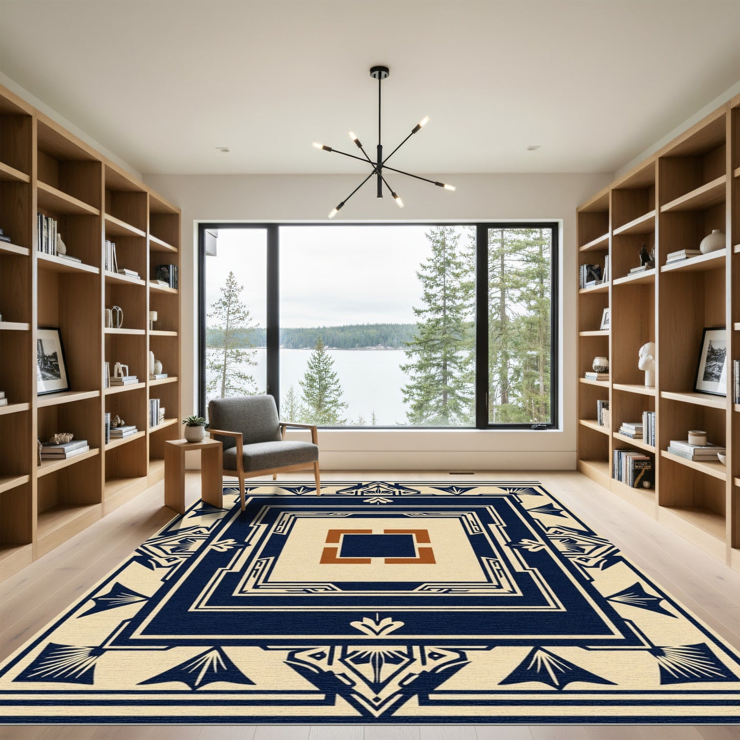 Navy Cream Geometric Art Deco Square Rug