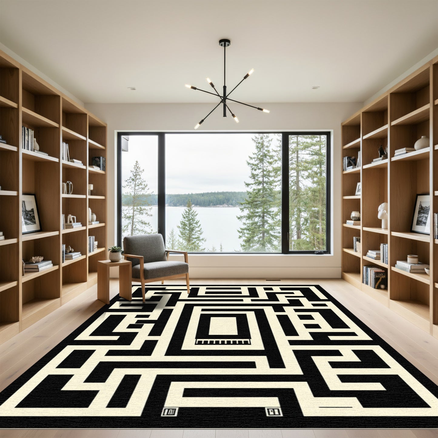 Bold Black Cream Maze Geometric Rug