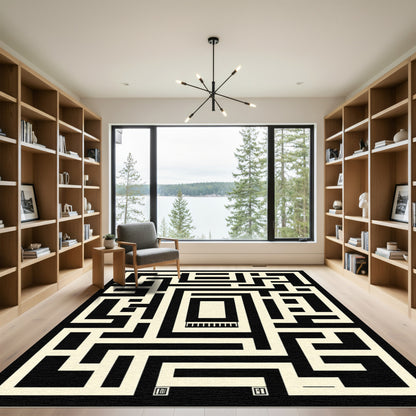 Bold Black Cream Maze Geometric Rug