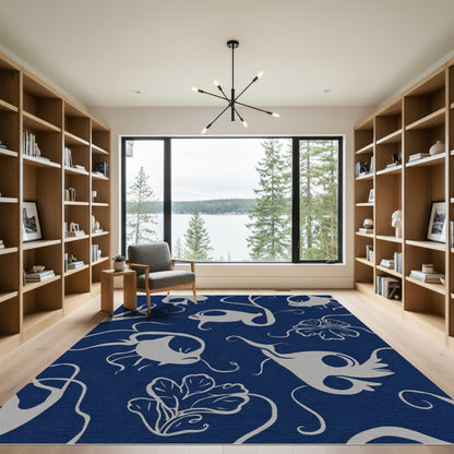Whimsical Blue Gray Fish Flowers Rug