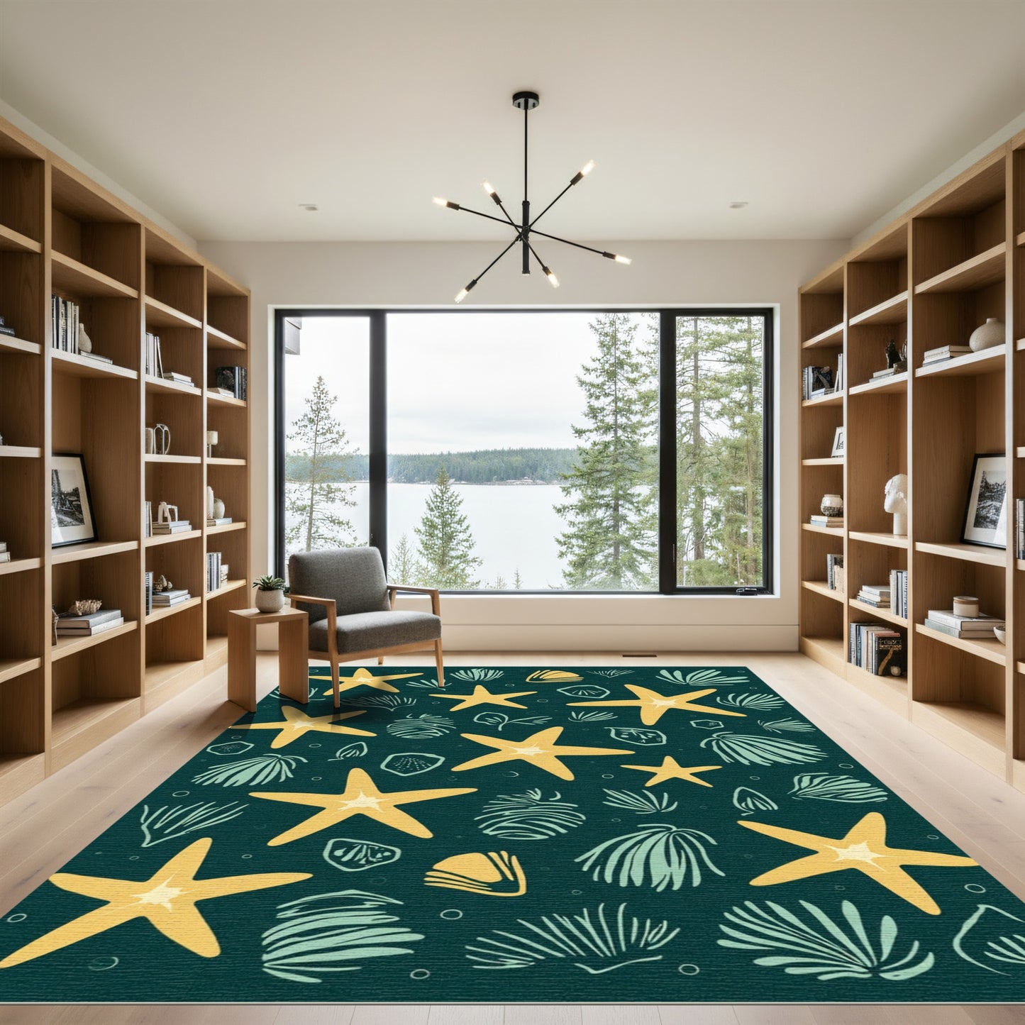 Yellow Starfish Teal Sea Life Repeat Rug