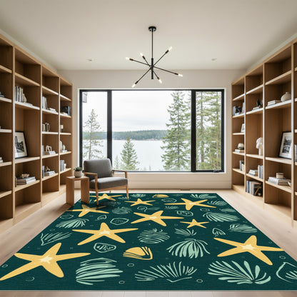 Yellow Starfish Teal Sea Life Repeat Rug