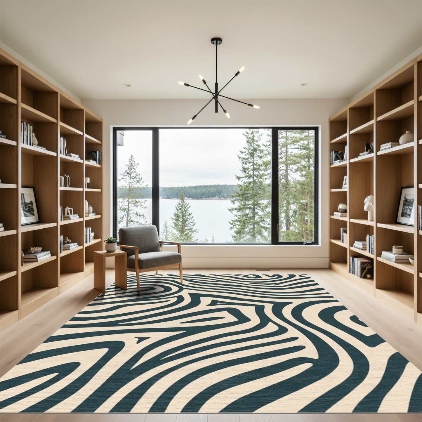 Dark Green Curving Stripe Abstract Rug