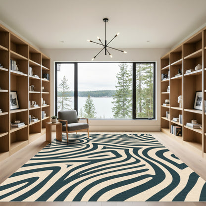 Dark Green Curving Stripe Abstract Rug