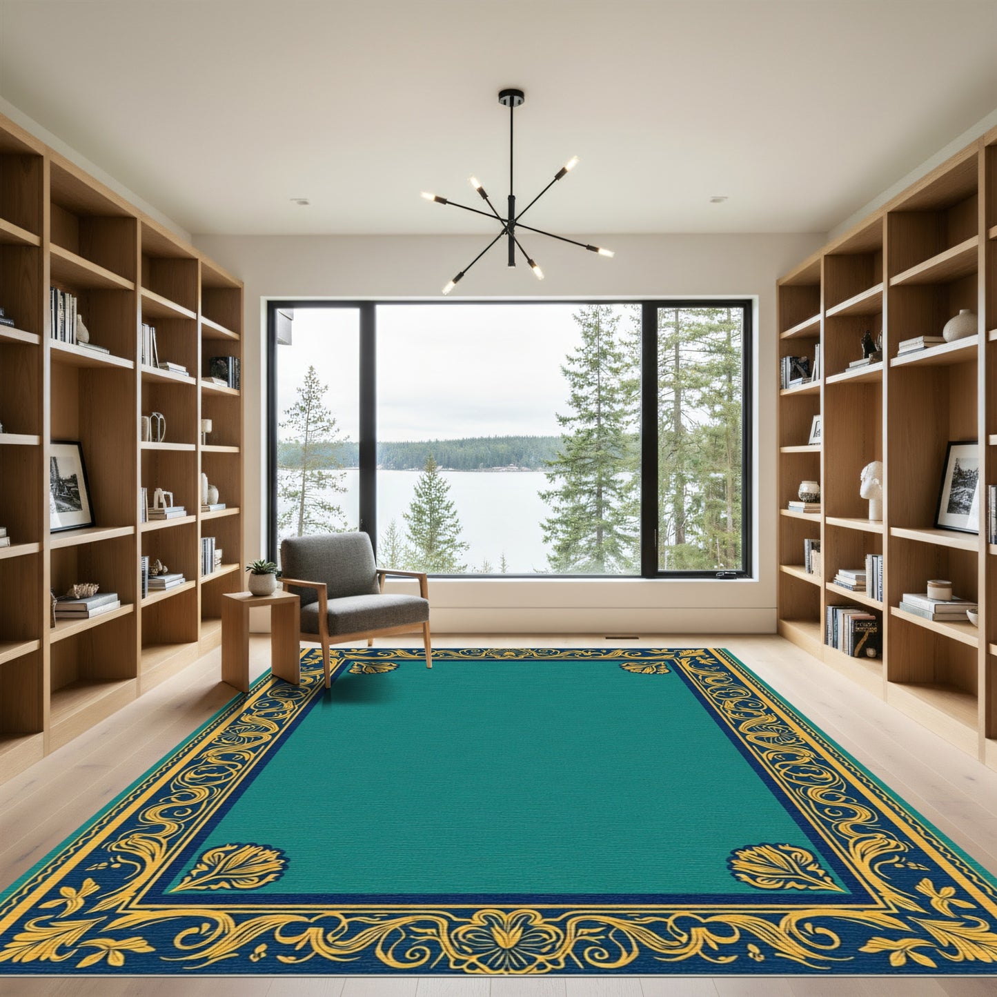 Emerald Teal Ornate Golden Border Rug