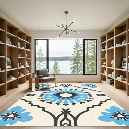 Retro Cyan Floral Diamond Composition Rug