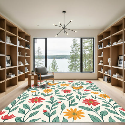 Whimsical Orange Birds Floral Garden Rug