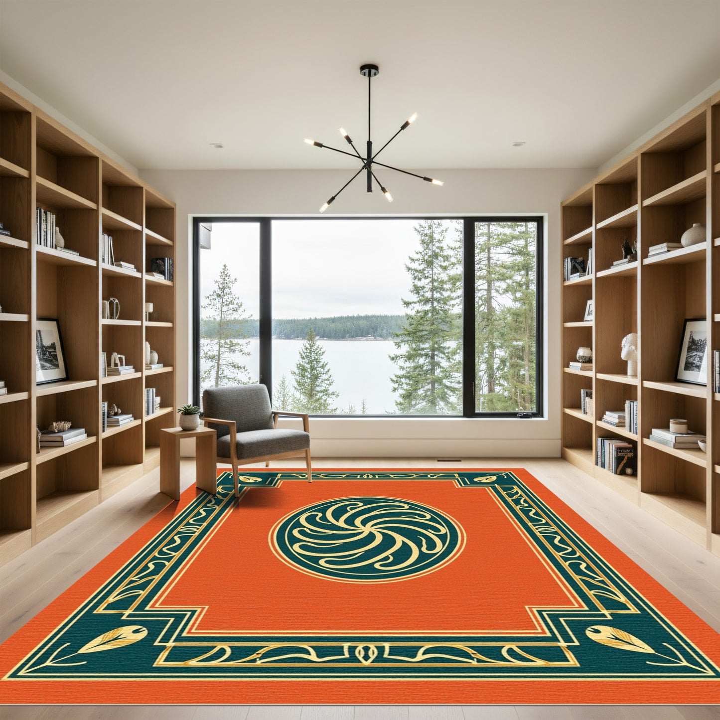 Orange Teal Swirling Feathered Frame Rug
