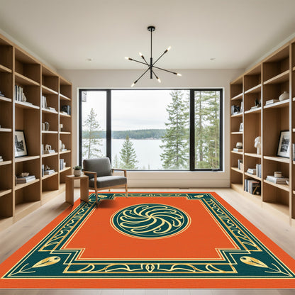 Orange Teal Swirling Feathered Frame Rug