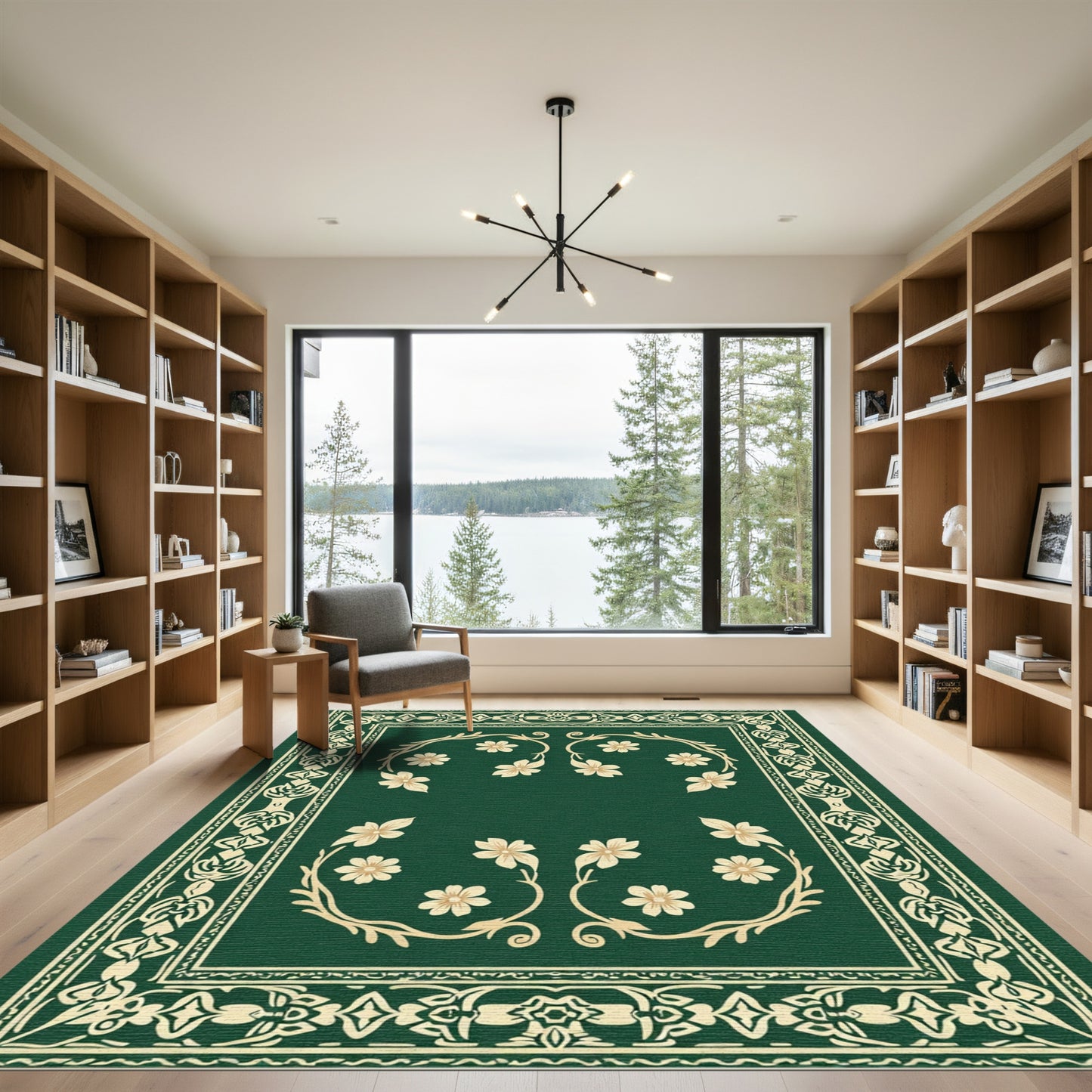 Golden Floral Arch Border Green Field Rug