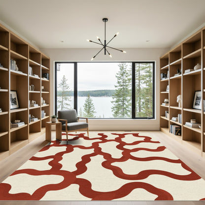 Crimson Wavy Ribbon Overlay Rug