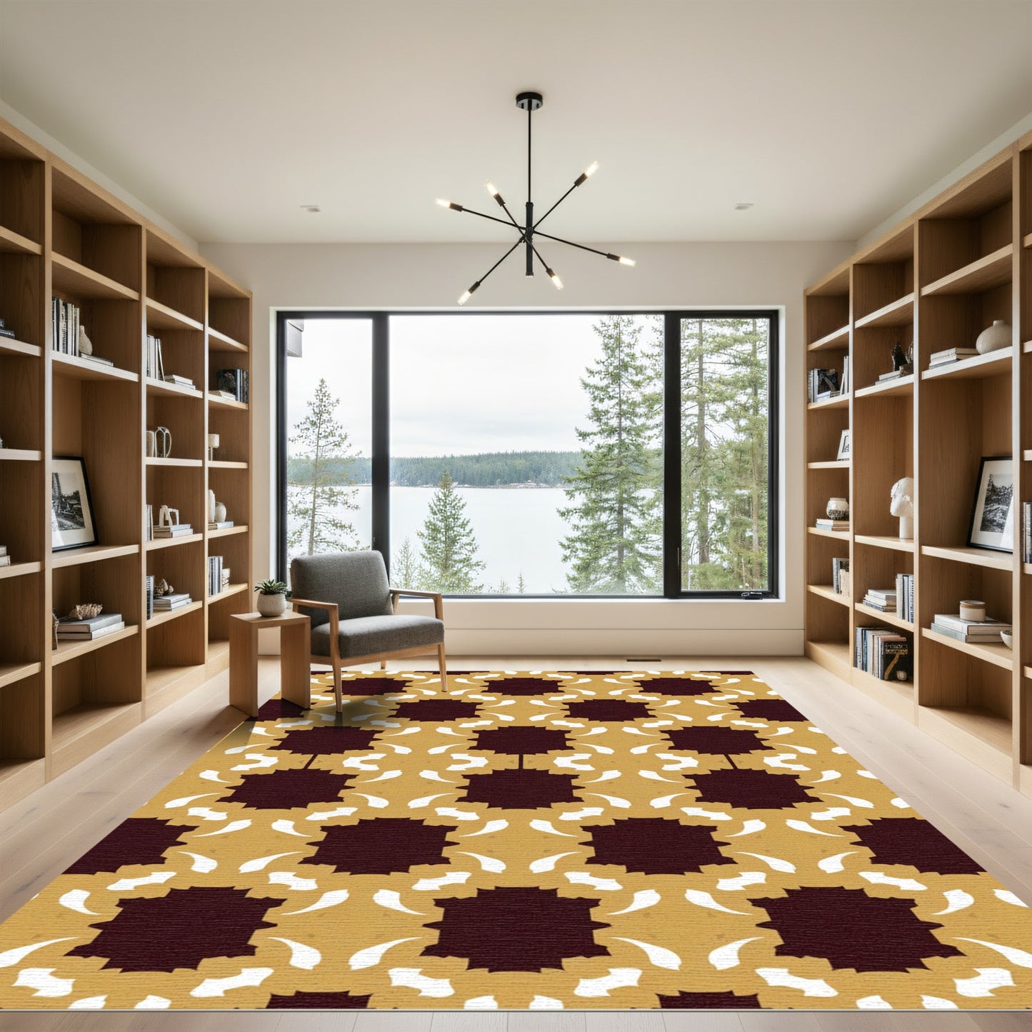 Maroon Ochre Floral Starburst Tile Rug