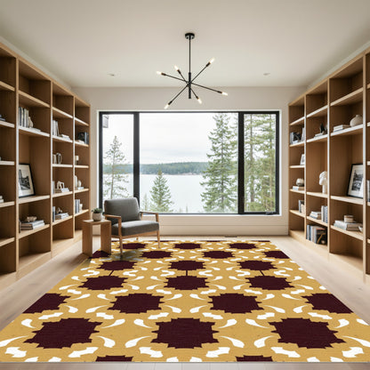 Maroon Ochre Floral Starburst Tile Rug