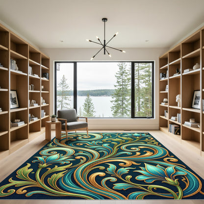 Ornate Teal Gold Floral Vine Rug